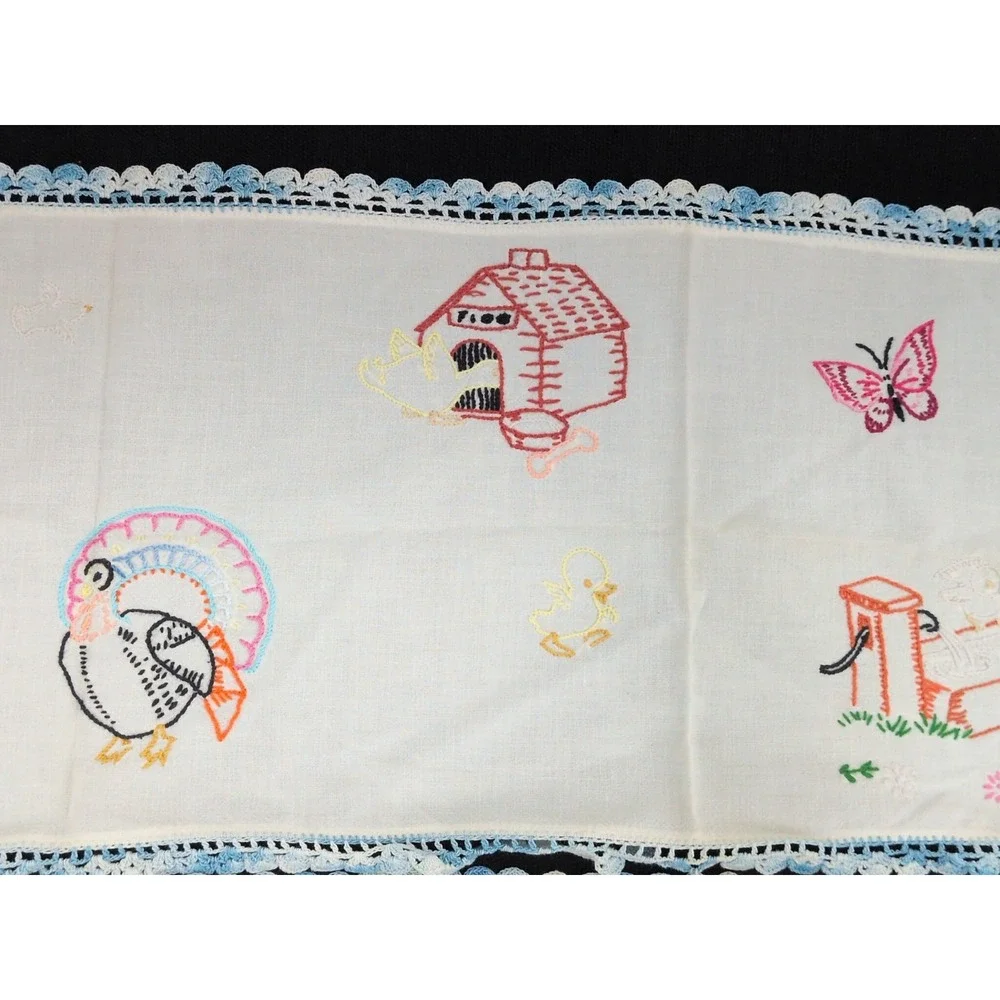 Pair VTG Handmade Embroidered Table Runner Farmhouse Farm Animals Blue Crochet